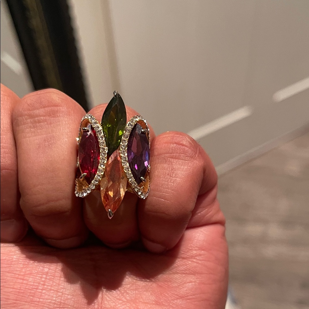 Vintage Multicolor Marquise Crystal Statement Ring - Gold Tone
